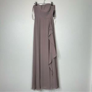 Lulu's strapless maxi dress lilac gown ruffle side feminine bridesmaid wedding